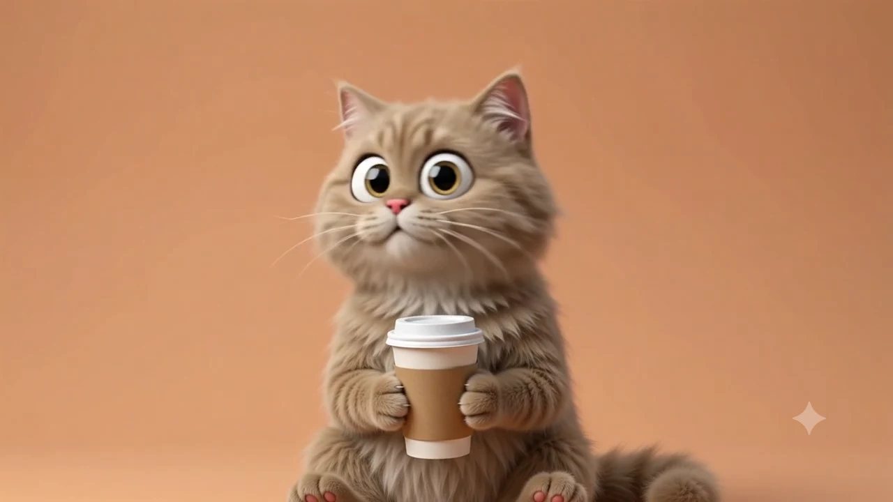 Кот со стаканом кофе на карамельном фоне